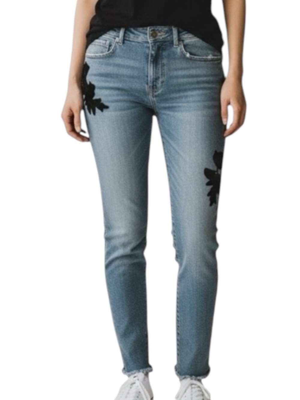 LOFT Modern Skinny Cropped Blue Jeans w/ Black Velvet Floral Accents Size 27/4